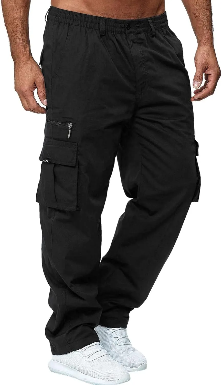 Mens Cargo Joggers Pants Casual Twill Chino Cotton Elastic Drawstring Outdoor Hiking Sweatpants Pants