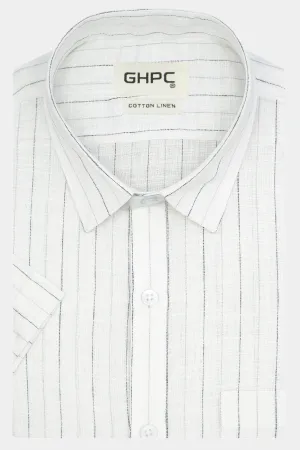 Men's Cotton Linen Striped Half Sleeves Shirt (Black)