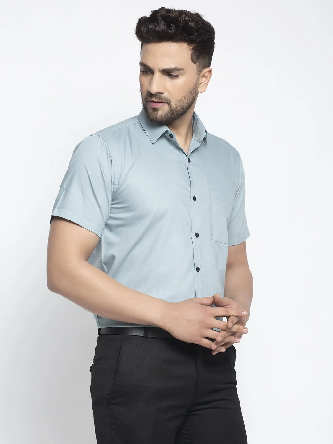 Men's Green Cotton Half Sleeves Solid Formal Shirts ( SF 754Sea-Green ) - Jainish