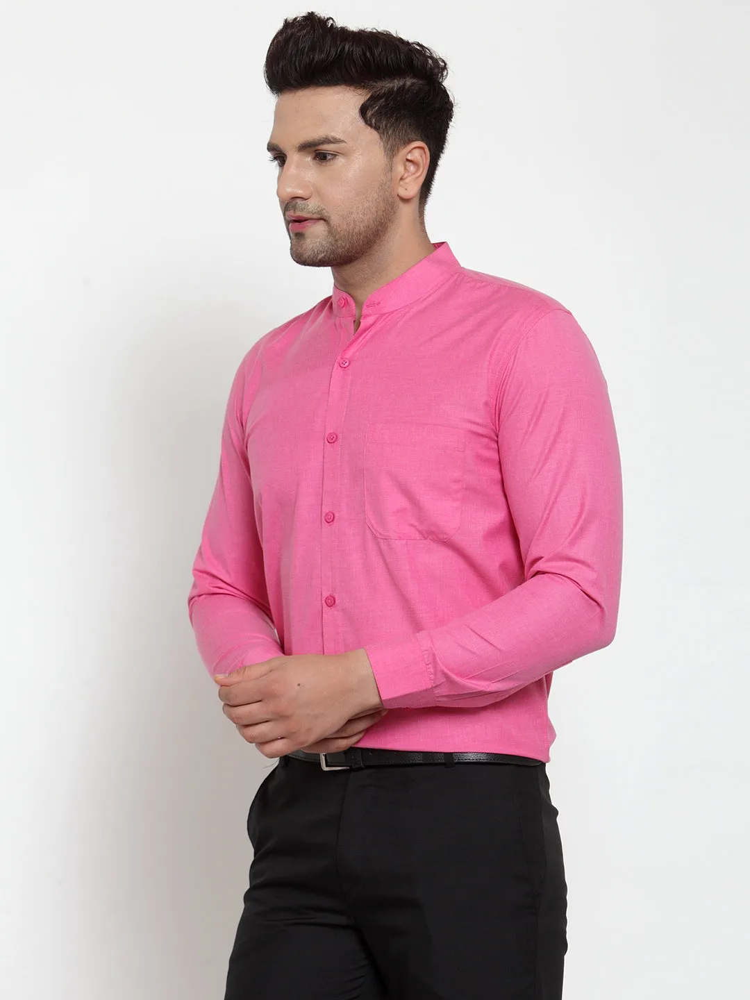 Men's Pink Cotton Solid Mandarin Collar Formal Shirts ( SF 757Pink ) - Jainish