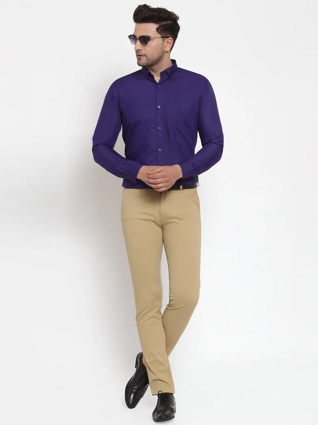 Men's Purple Cotton Solid Button Down Formal Shirts ( SF 713Purple ) - Jainish