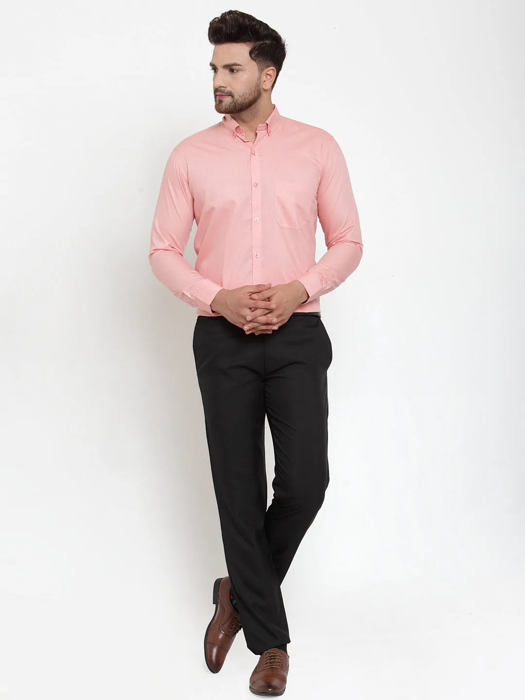 Men's Red Cotton Solid Button Down Formal Shirts ( SF 713Coral ) - Jainish