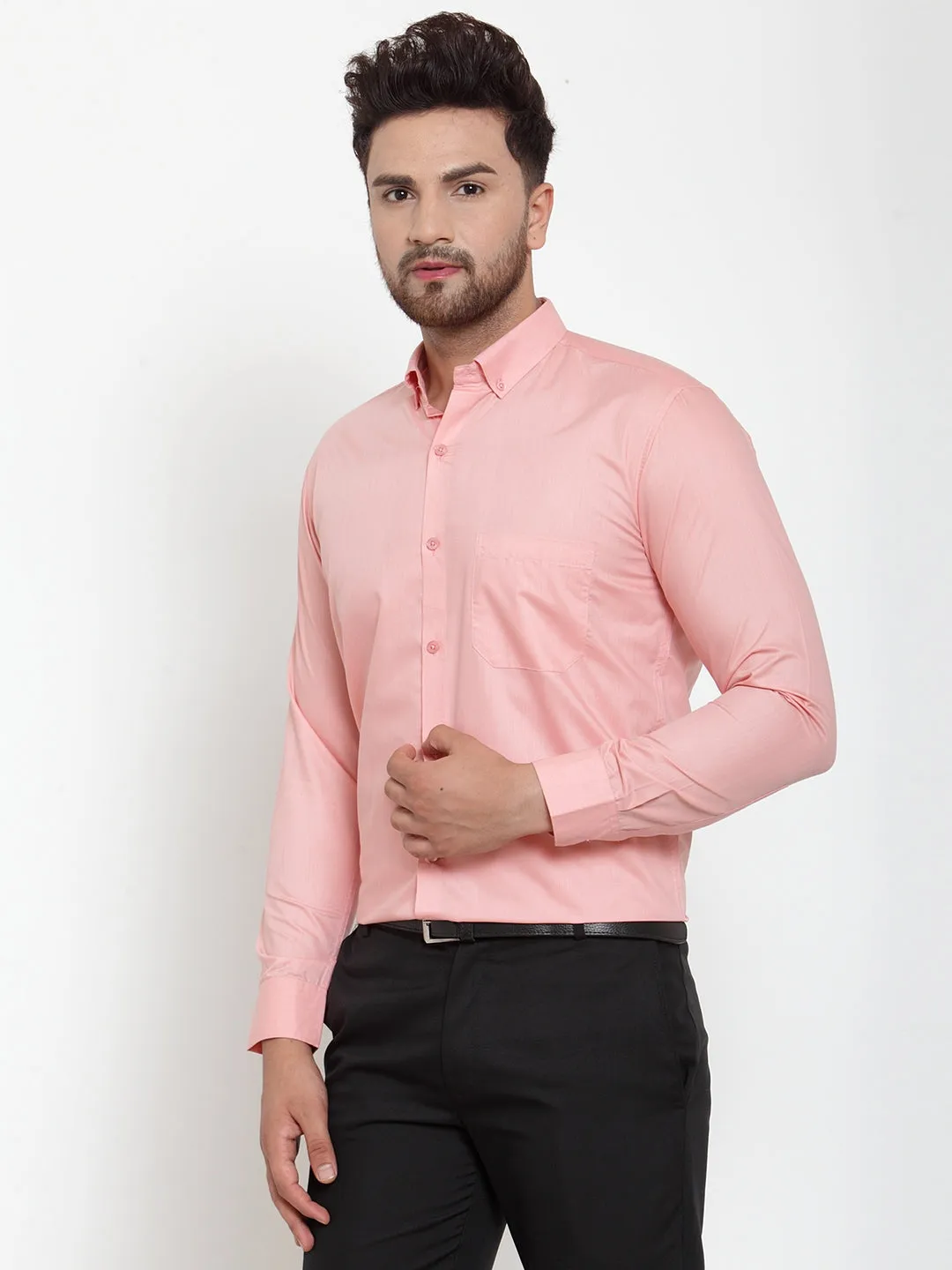 Men's Red Cotton Solid Button Down Formal Shirts ( SF 713Coral ) - Jainish