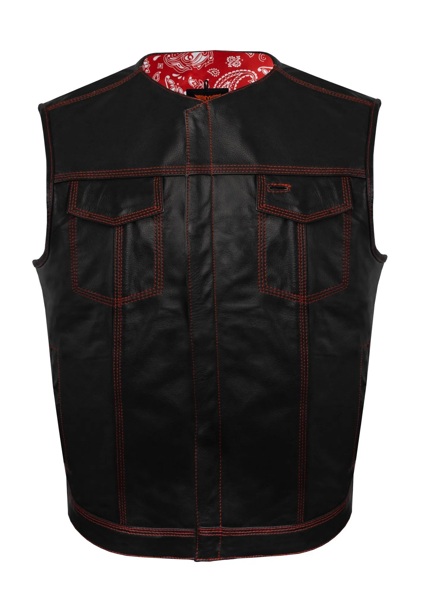 Mens SOA Vest Red Thread Club Vest, Conceal Carry Pockets, Red Paisley Lining no collar