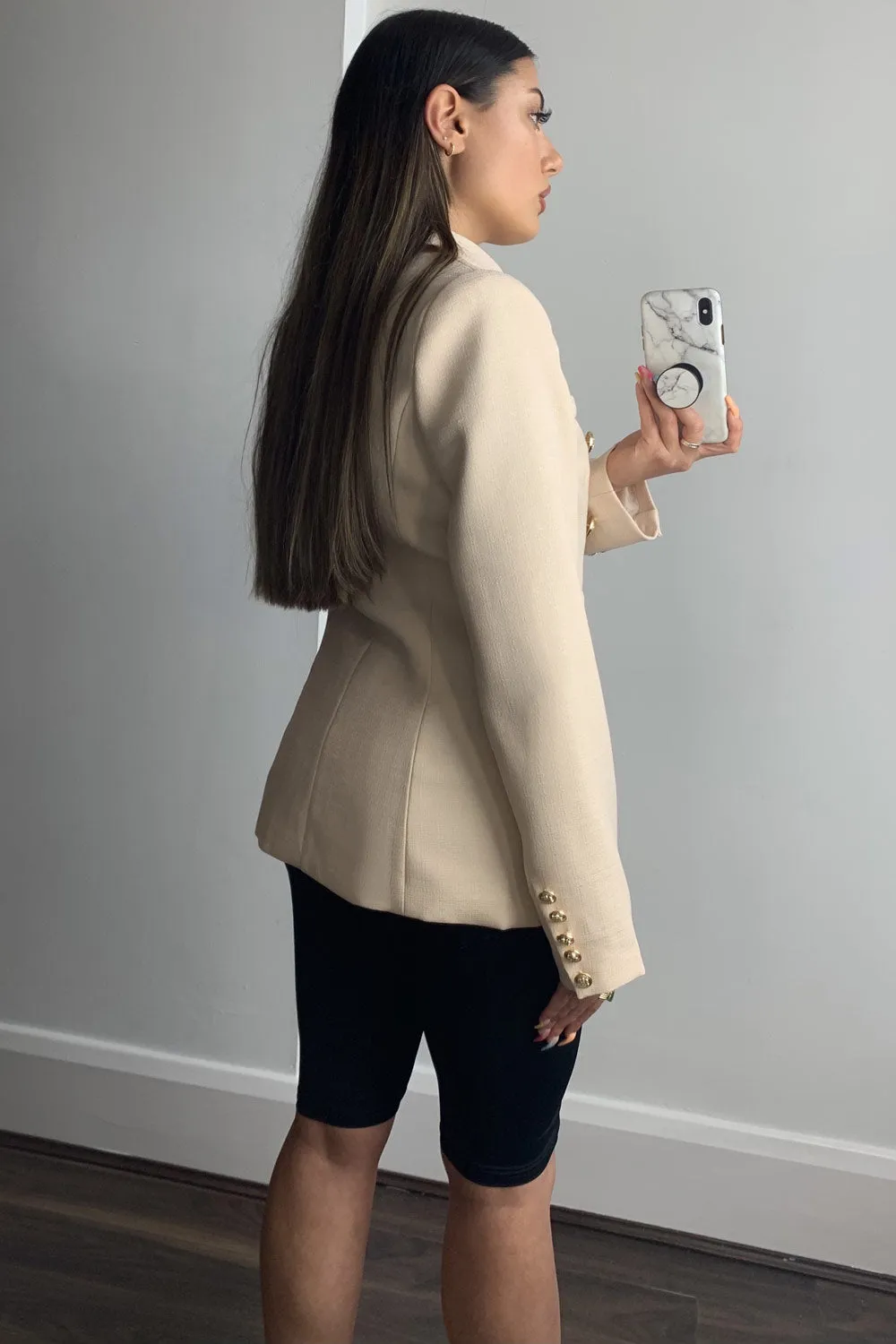 Molly Beige Button Detail Textured Tailored Blazer