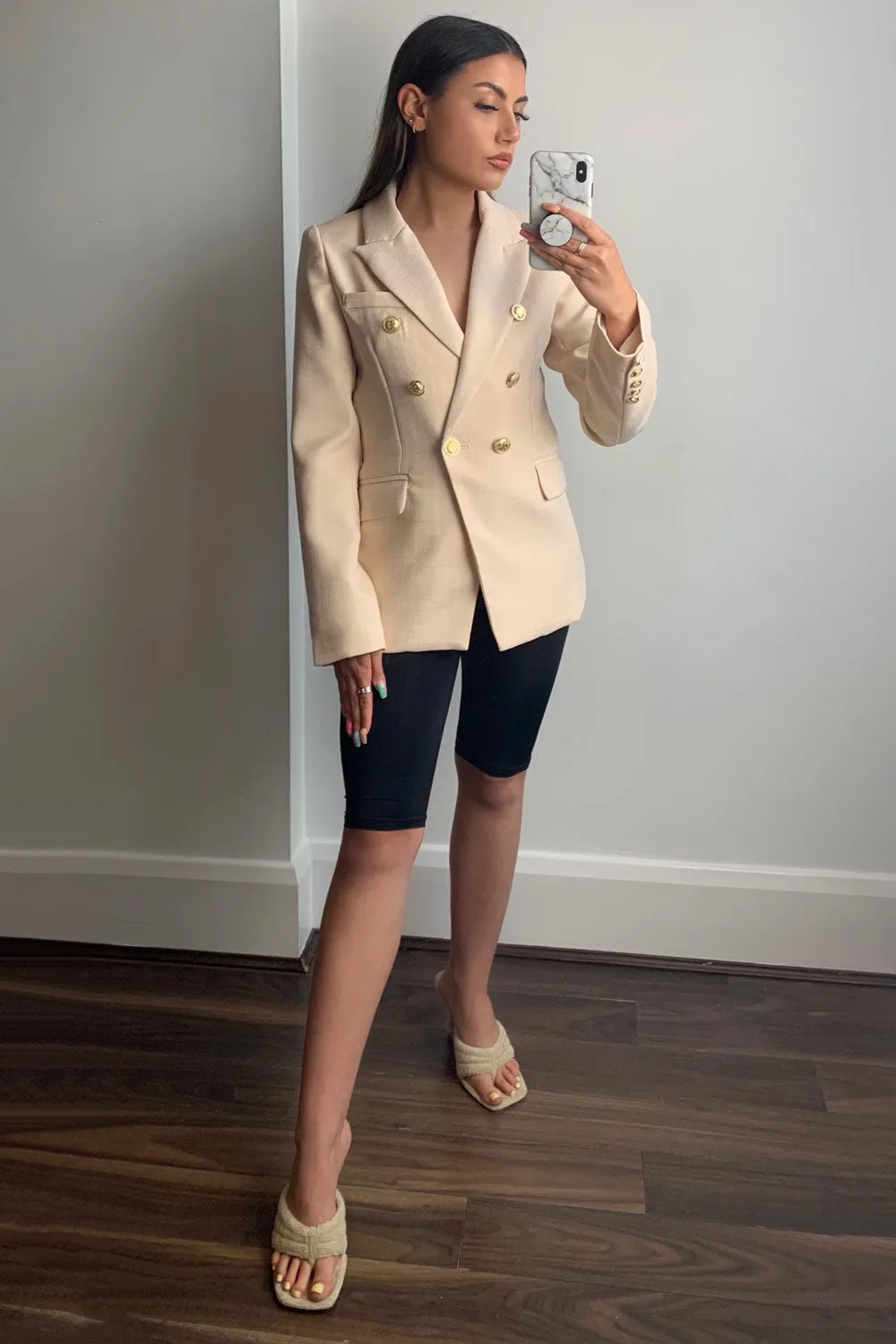 Molly Beige Button Detail Textured Tailored Blazer