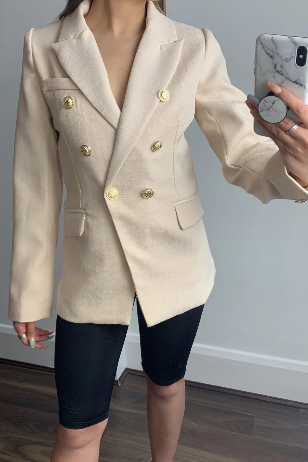 Molly Beige Button Detail Textured Tailored Blazer
