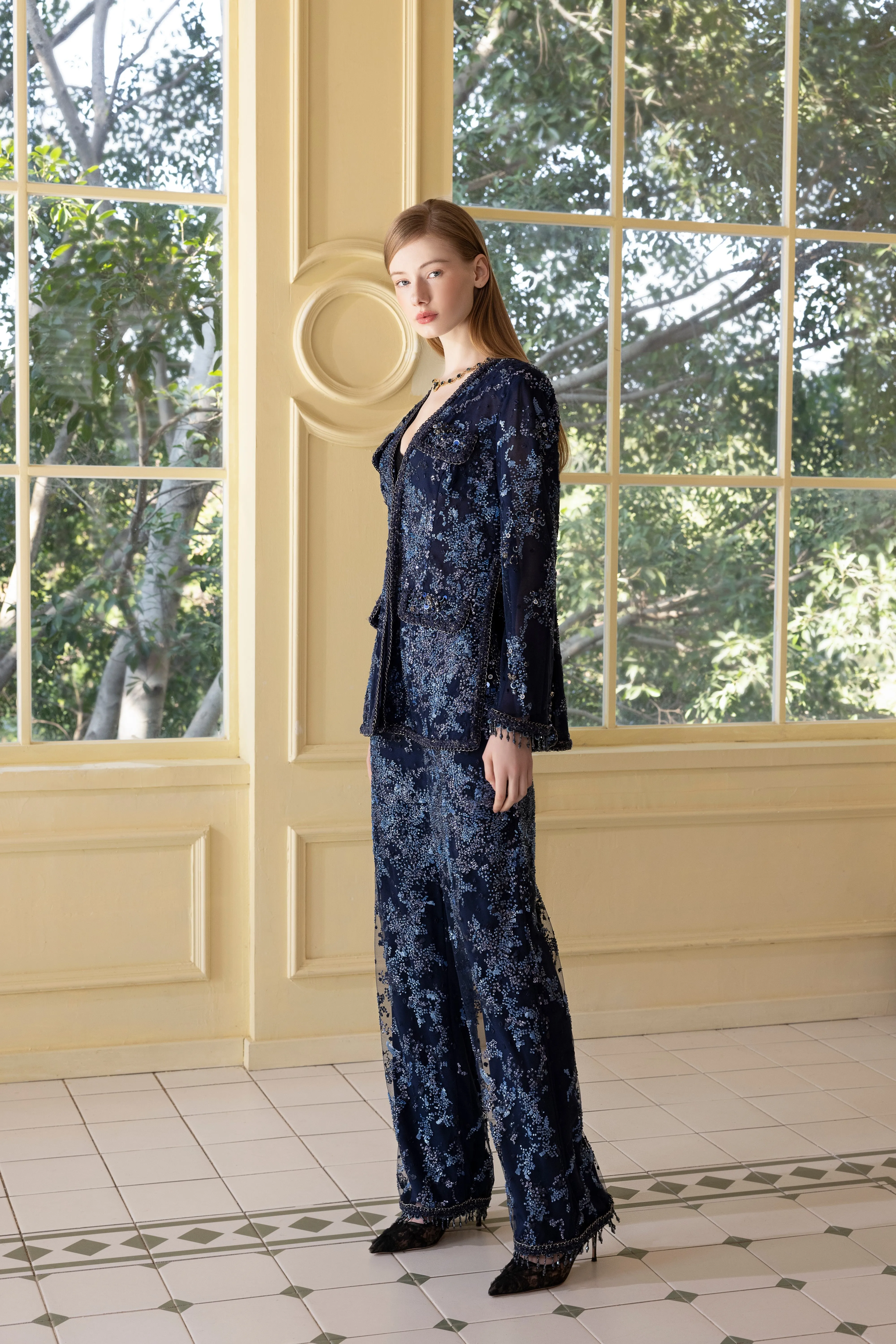 Navy Blue Beaded Lace Embroidered Loose Trousers