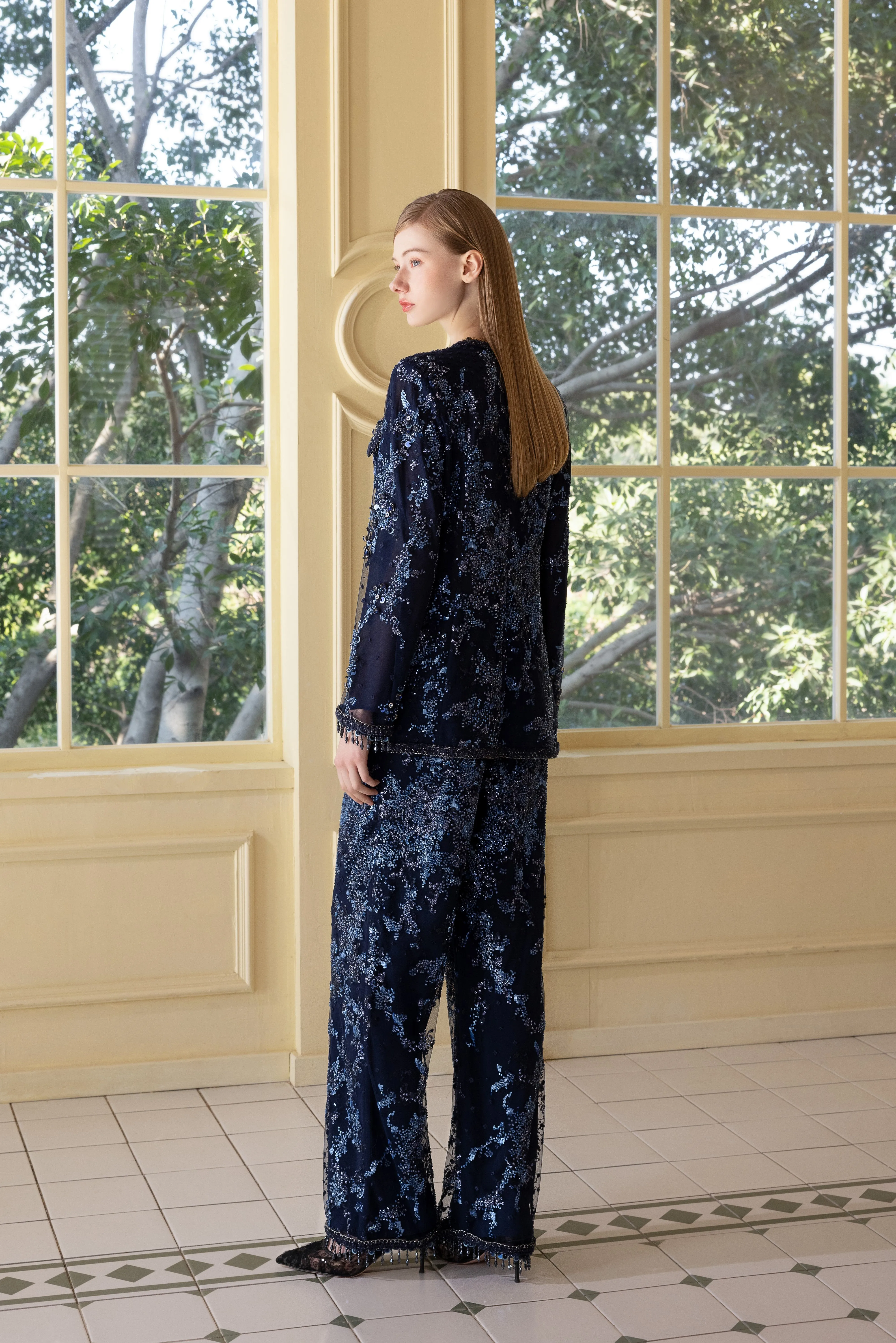 Navy Blue Beaded Lace Embroidered Loose Trousers