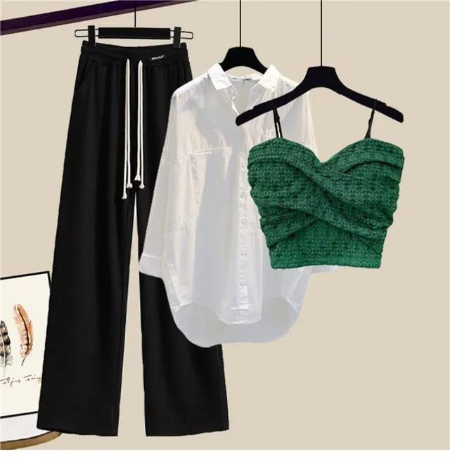 New Wide Leg Trousers White Shirt Wave Bra Vest 3pcs Elegant Women's Tracksuits