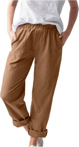 niuwa Cotton Linen Trousers for Women Elastic Waist Solid Color Casual Pants with Pockets Summer Boho Pants (Orange, M)