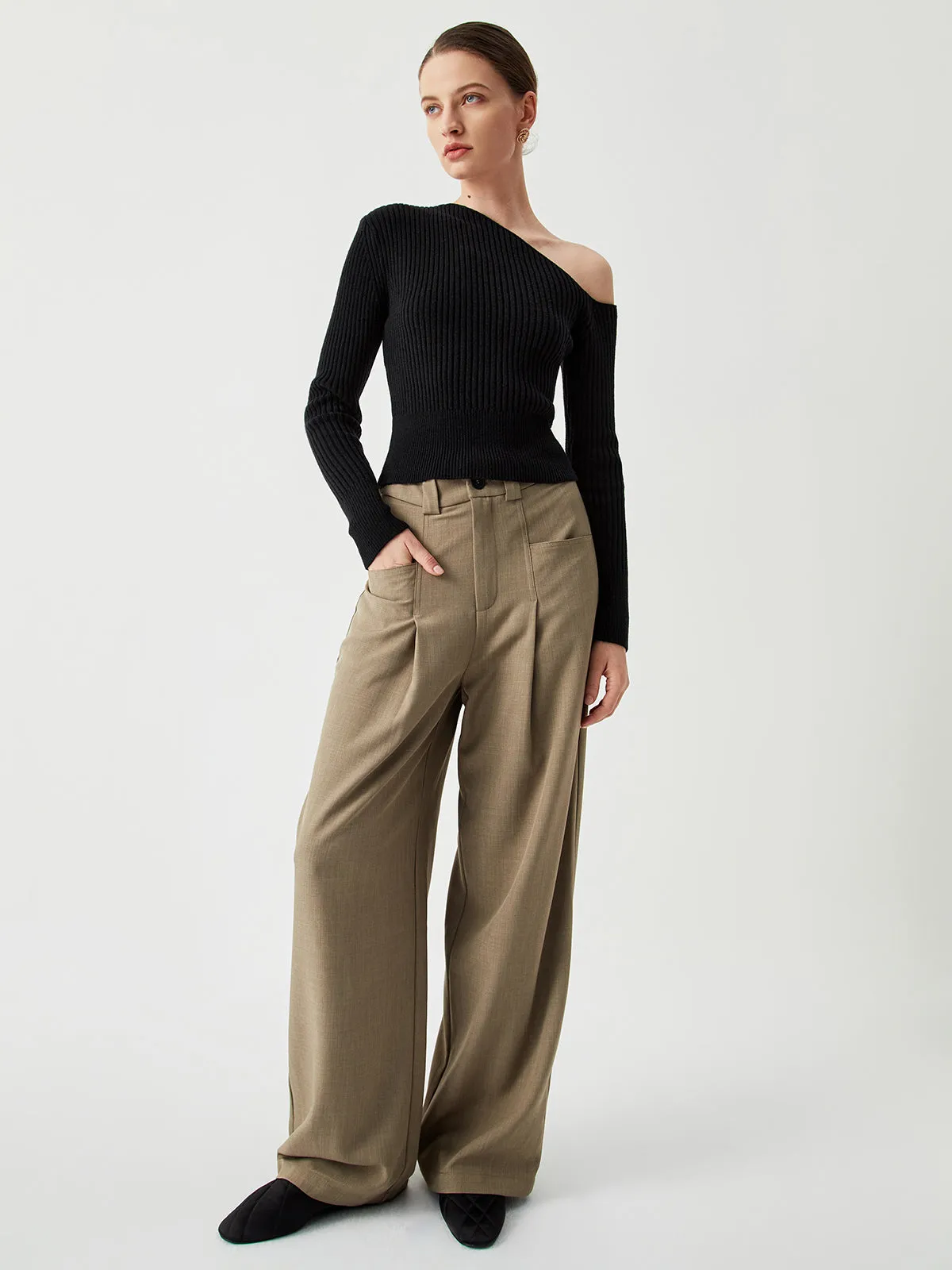 One Shoulder Long Trendy Sleeve Ribbed Pullover Sweater