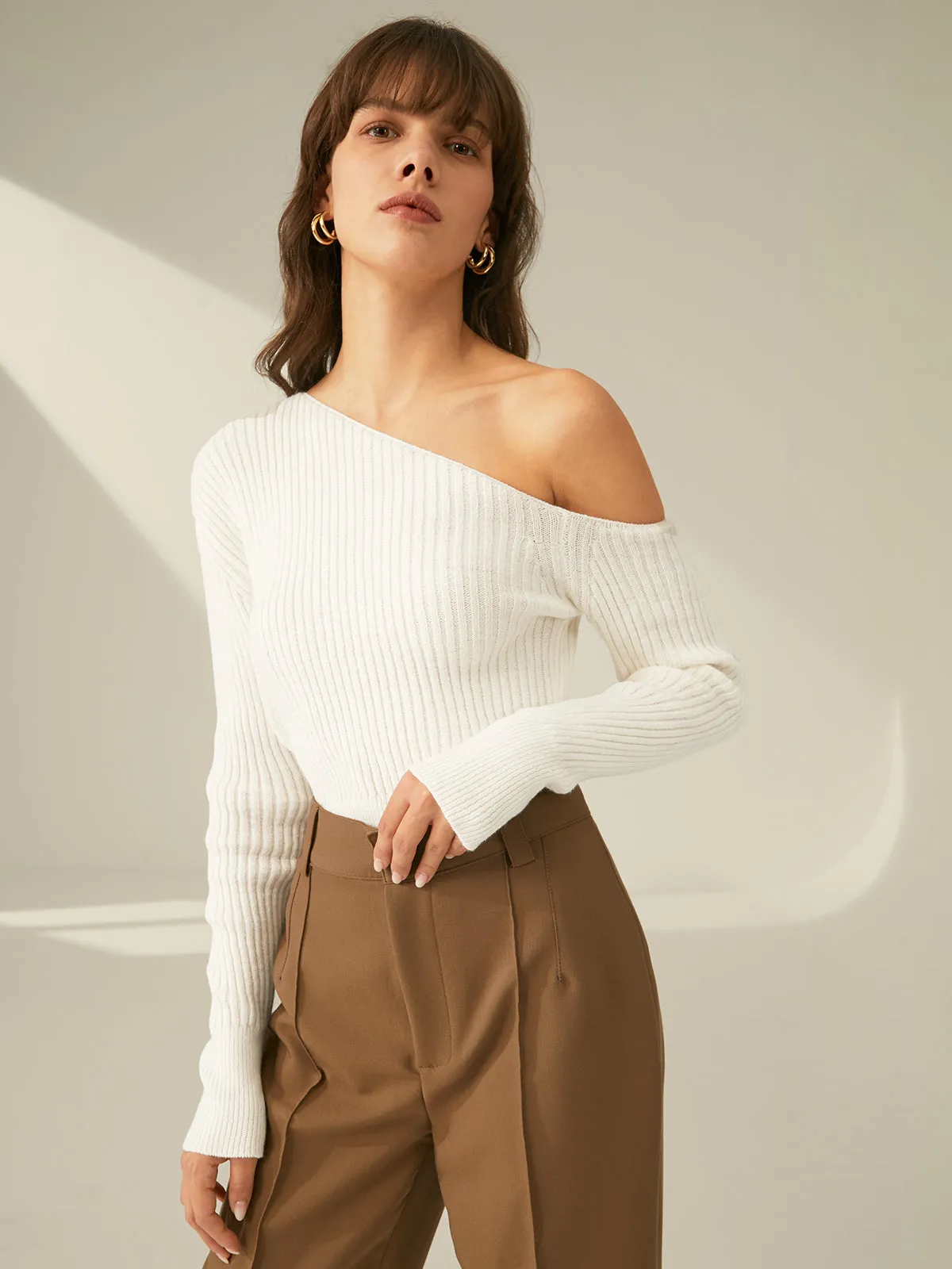 One Shoulder Long Trendy Sleeve Ribbed Pullover Sweater