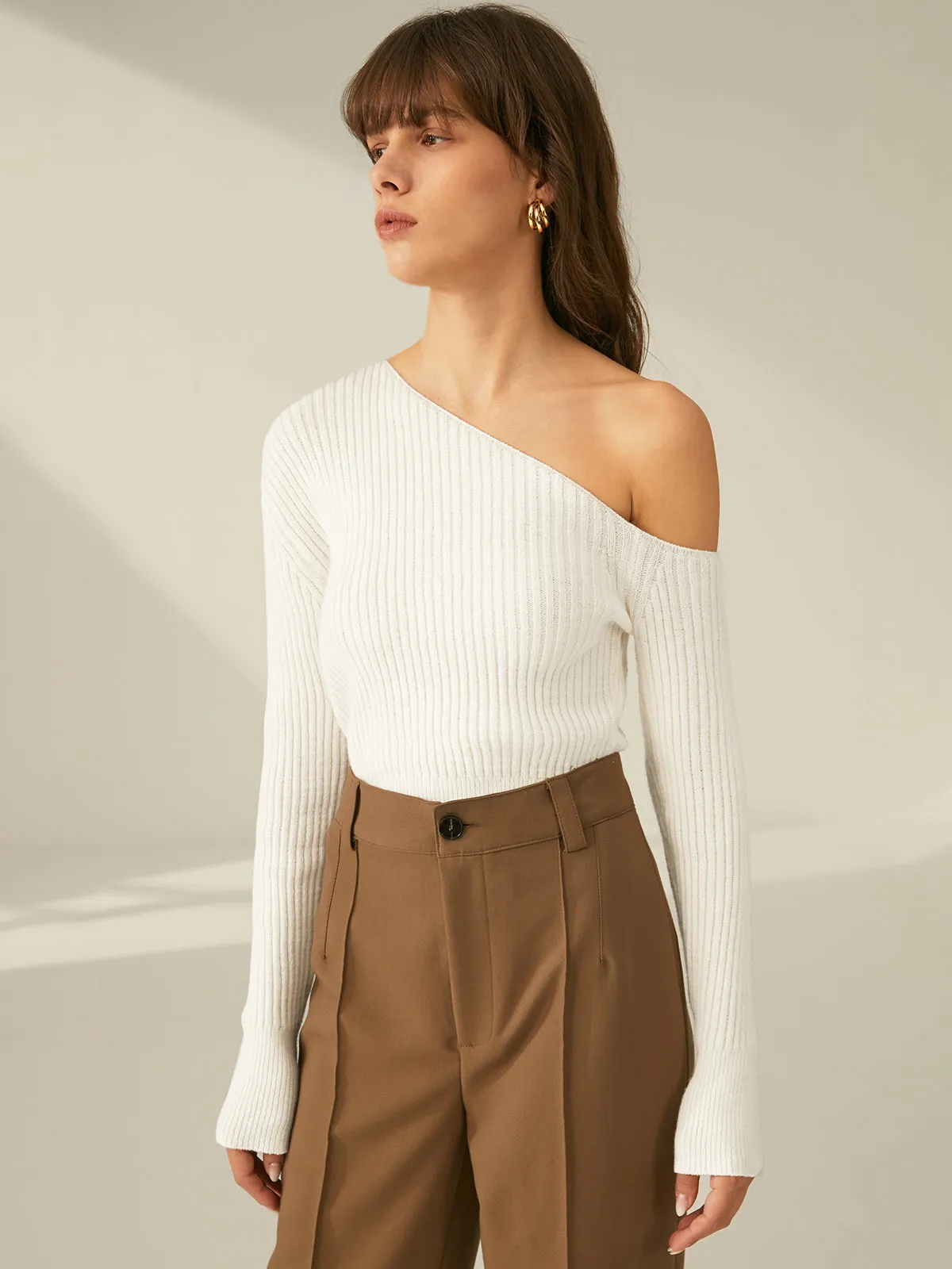 One Shoulder Long Trendy Sleeve Ribbed Pullover Sweater