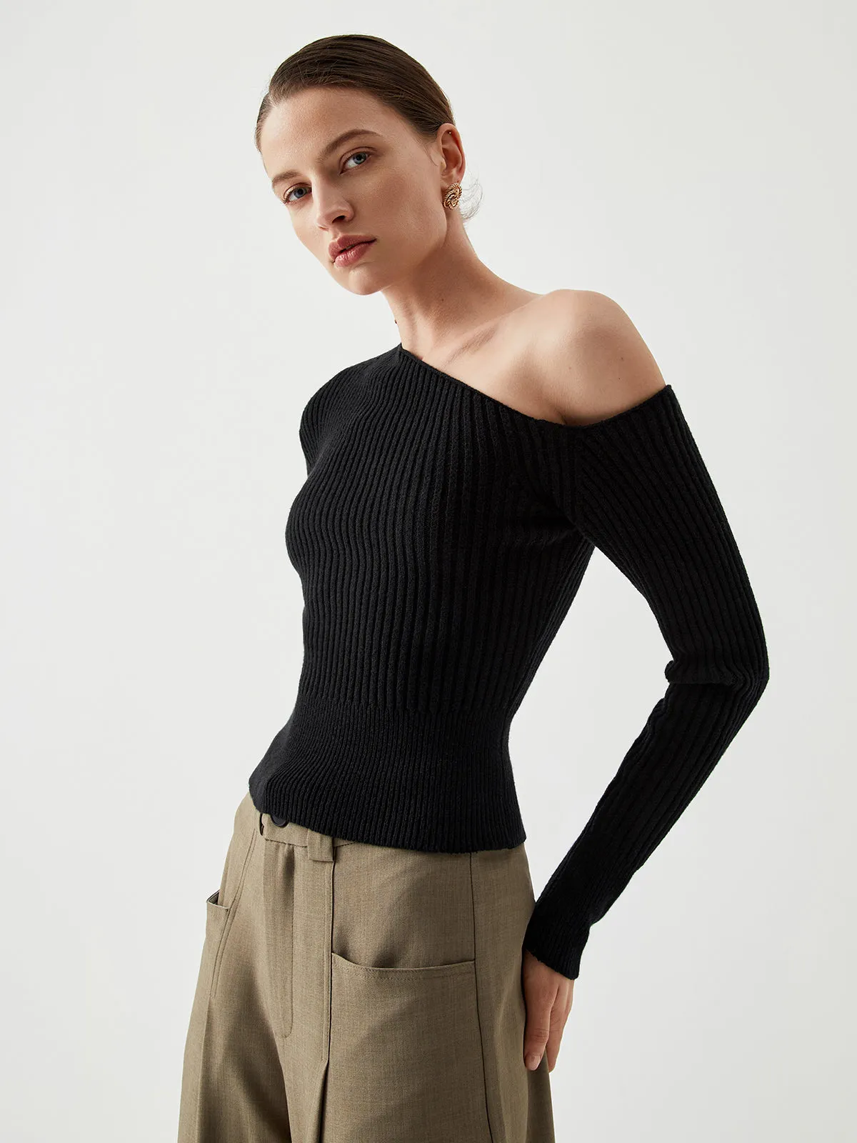 One Shoulder Long Trendy Sleeve Ribbed Pullover Sweater