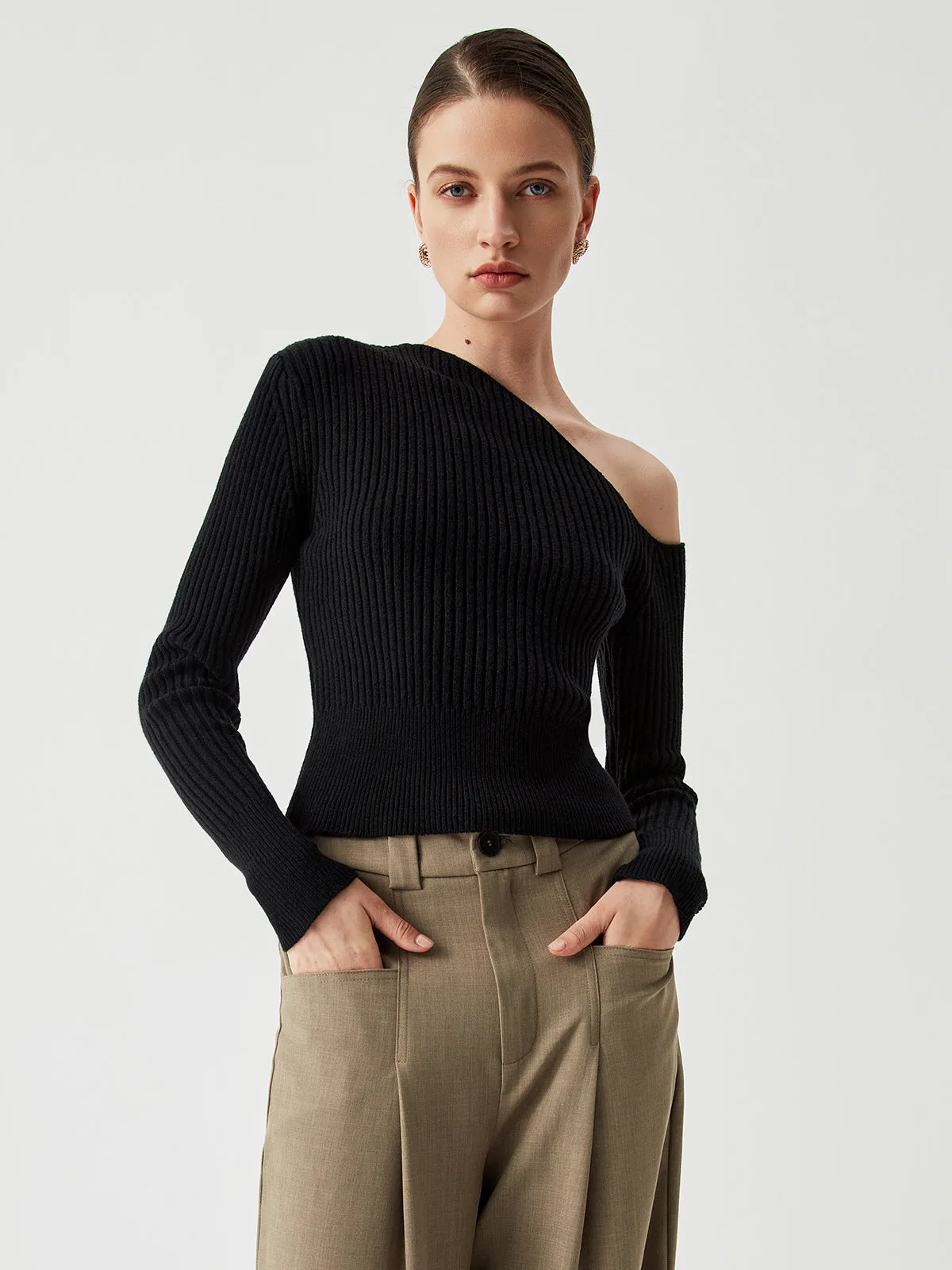 One Shoulder Long Trendy Sleeve Ribbed Pullover Sweater