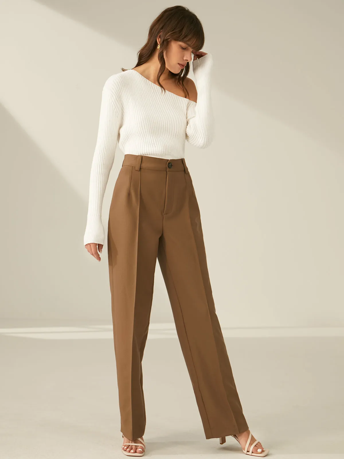 One Shoulder Long Trendy Sleeve Ribbed Pullover Sweater