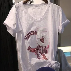 Plus Size Short Sleeve Loose Sequins Tees