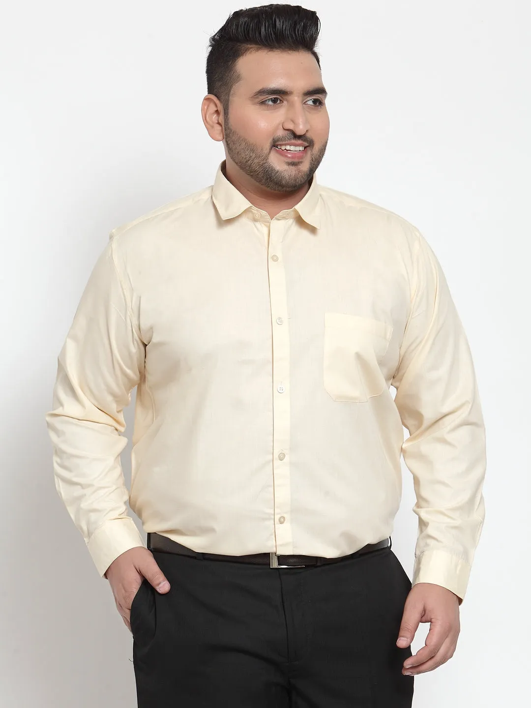 plusS Men Beige Comfort Regular Fit Solid Formal Shirt