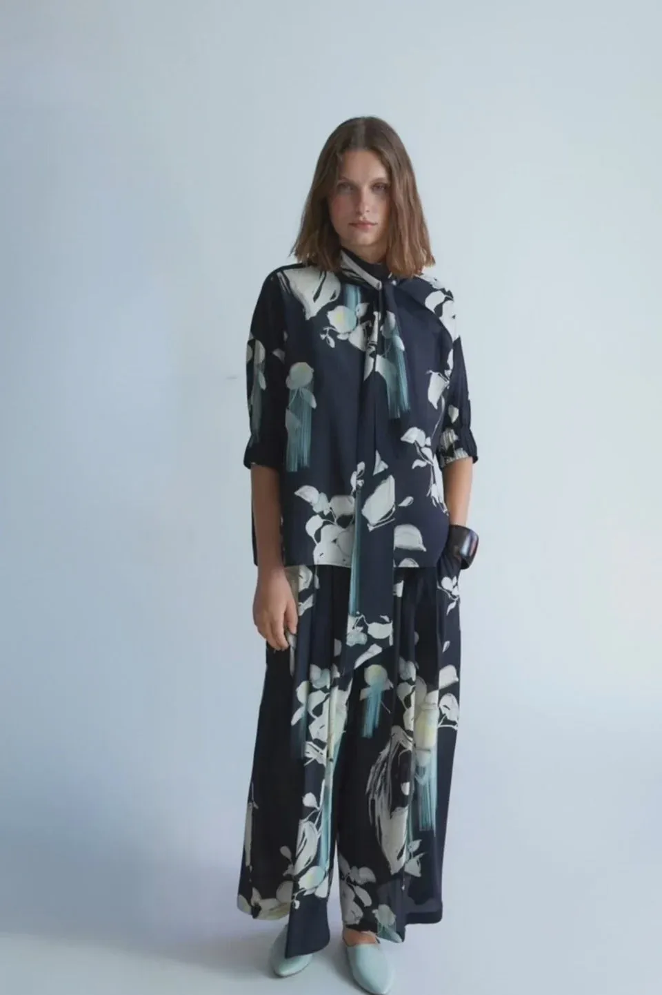 Psophia Sumi-e Japanese Print Palazzo Pants with Drawstring Waiste