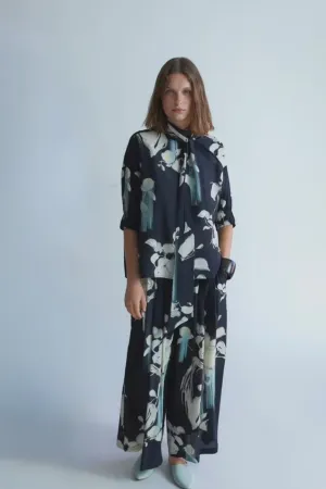 Psophia Sumi-e Japanese Print Palazzo Pants with Drawstring Waiste