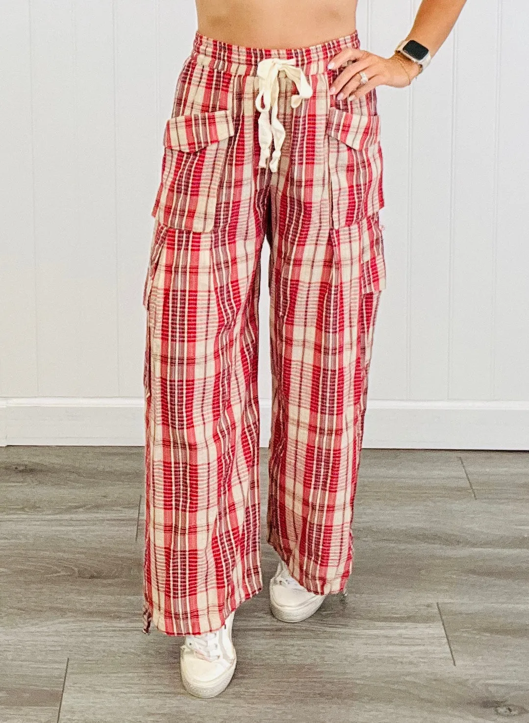 Red Plaid Linen Balloon Pants (Reg & Plus)