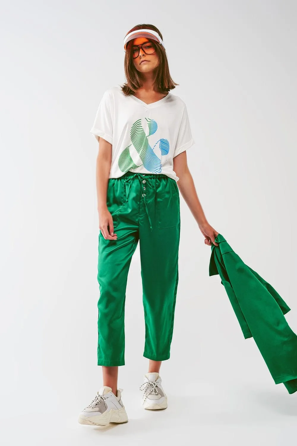 Satin Cropped Pants In Green