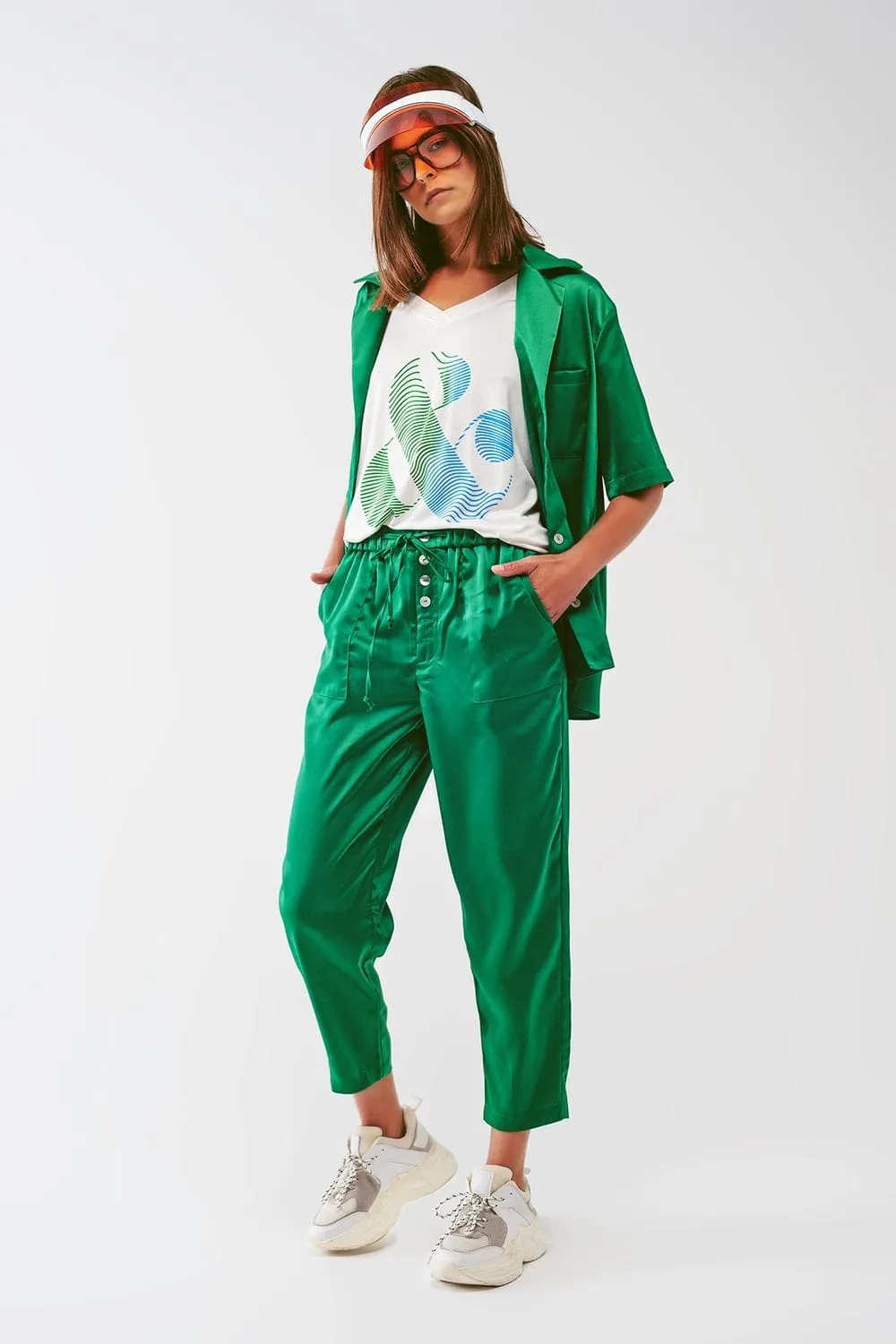 Satin Cropped Pants In Green