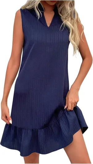 Summer Dress for Women 2025 Trendy A-Line Flowy Ruffle Mini Sundress Casual Loose Fit Sleeveless V Neck Beach Dresses