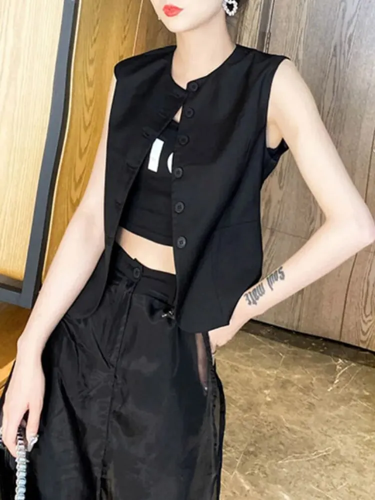 Summer Vest For Women Round Neck Sleeveless Single Breasted Minimalist Vests Female Fashion Clothing Style
