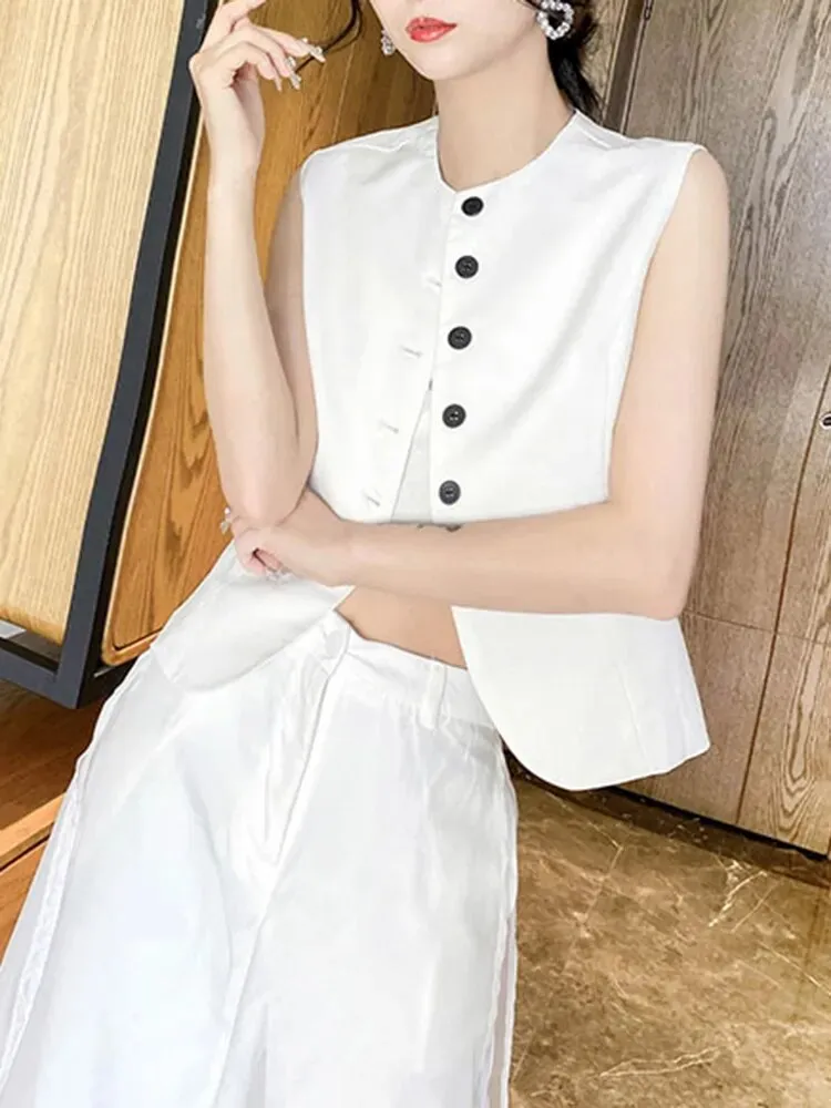 Summer Vest For Women Round Neck Sleeveless Single Breasted Minimalist Vests Female Fashion Clothing Style