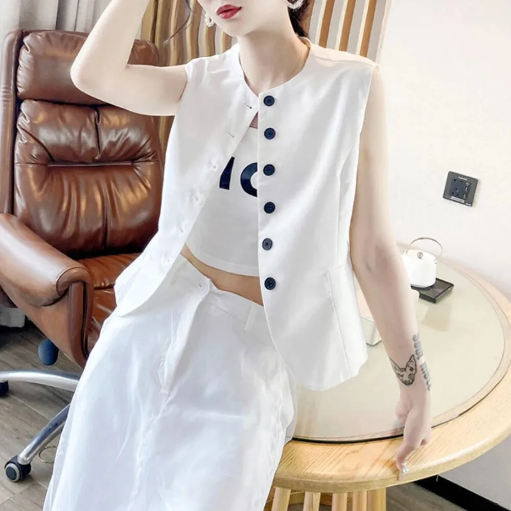 Summer Vest For Women Round Neck Sleeveless Single Breasted Minimalist Vests Female Fashion Clothing Style