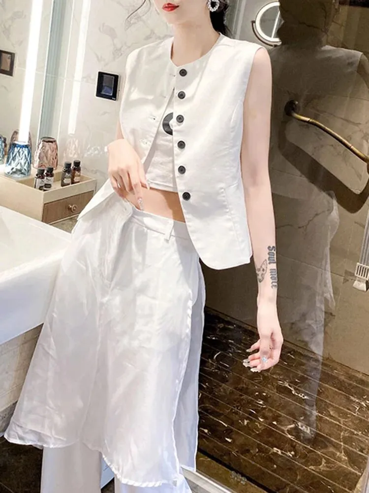 Summer Vest For Women Round Neck Sleeveless Single Breasted Minimalist Vests Female Fashion Clothing Style
