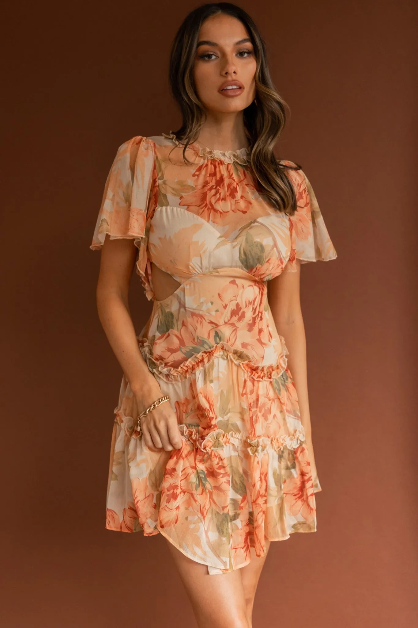 Tres Chic Flutter Sleeve Cut-Out Dress Botanical Tangerine