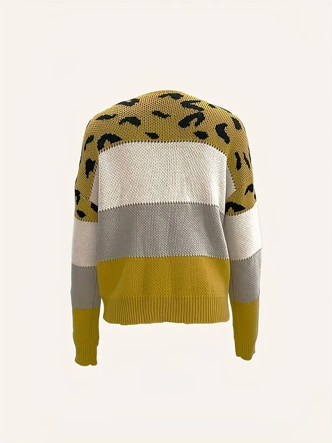 Trui met boothals en luipaardmotief in contrasterende kleur
