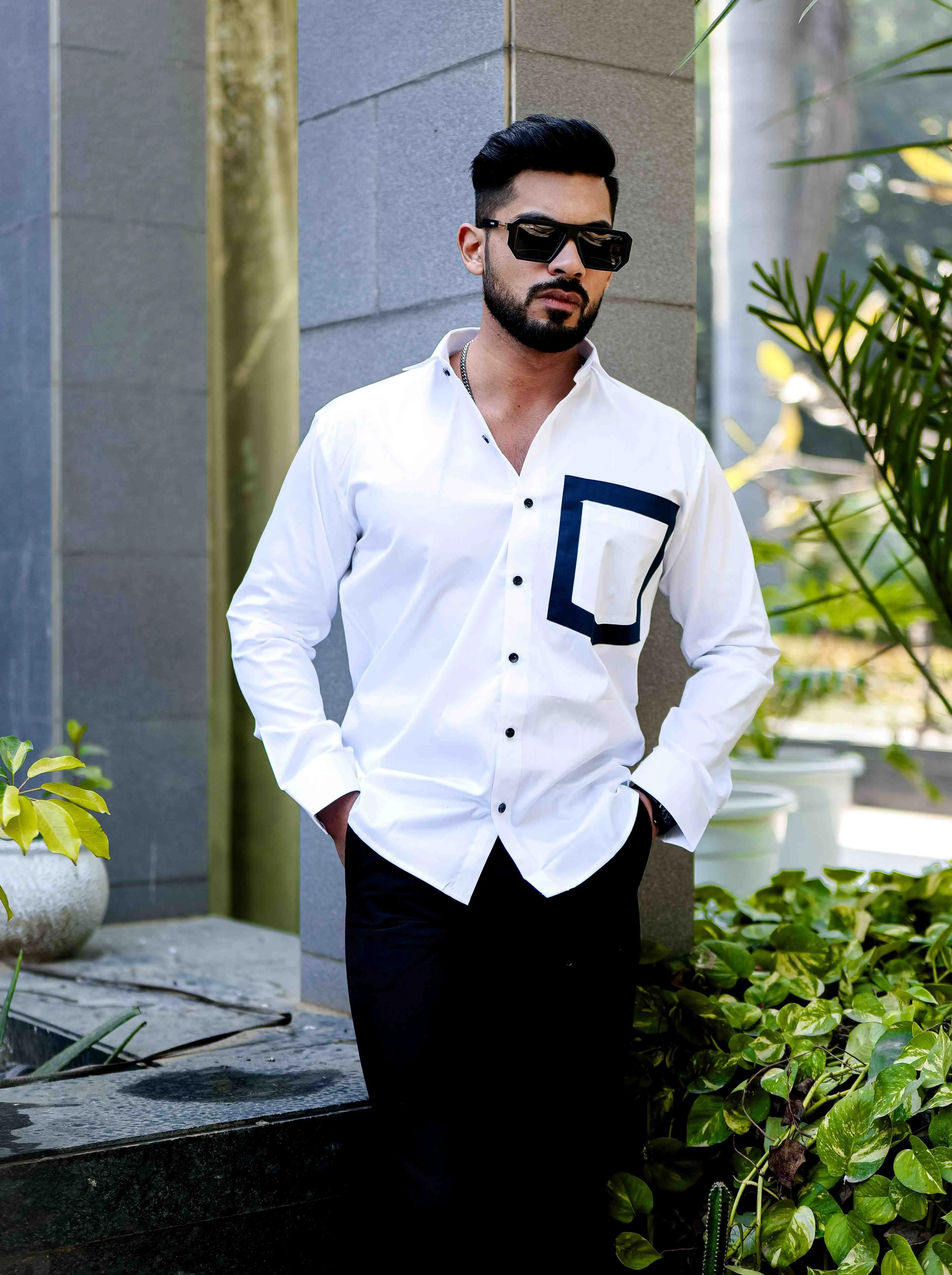 WHITE SATIN COTTON POCKET  DESIGNER SHIRT