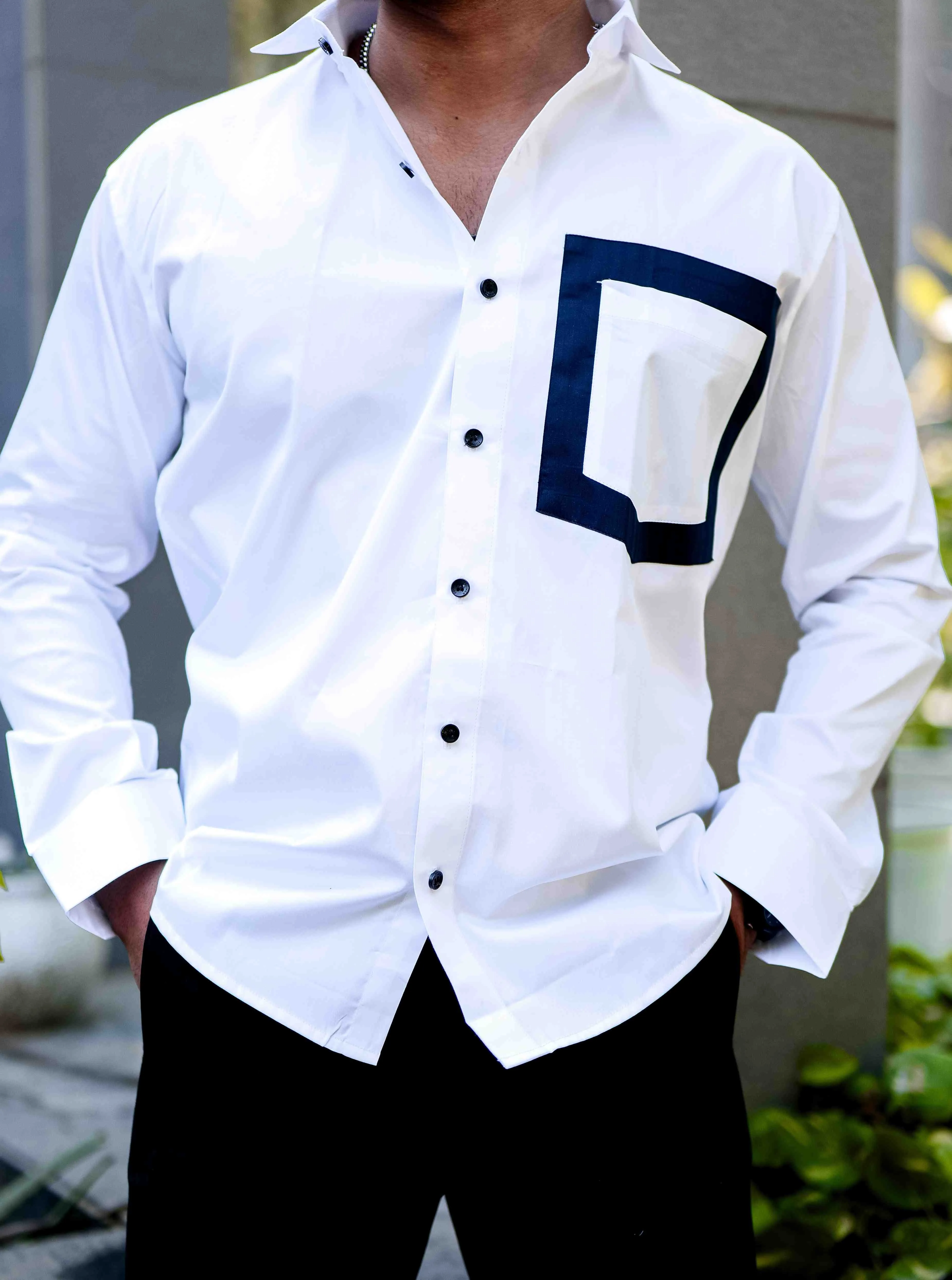 WHITE SATIN COTTON POCKET  DESIGNER SHIRT