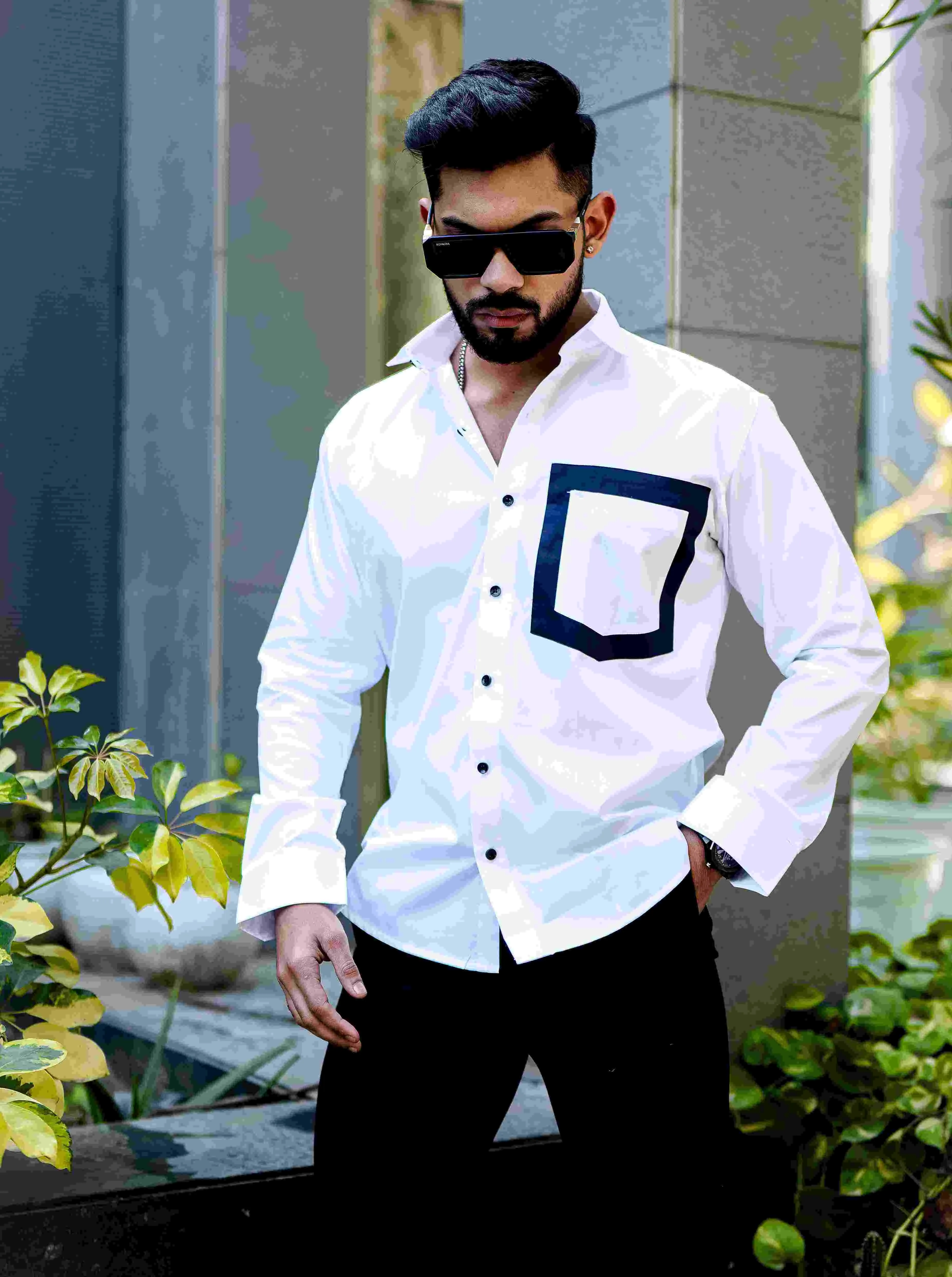 WHITE SATIN COTTON POCKET  DESIGNER SHIRT