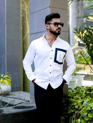 WHITE SATIN COTTON POCKET  DESIGNER SHIRT