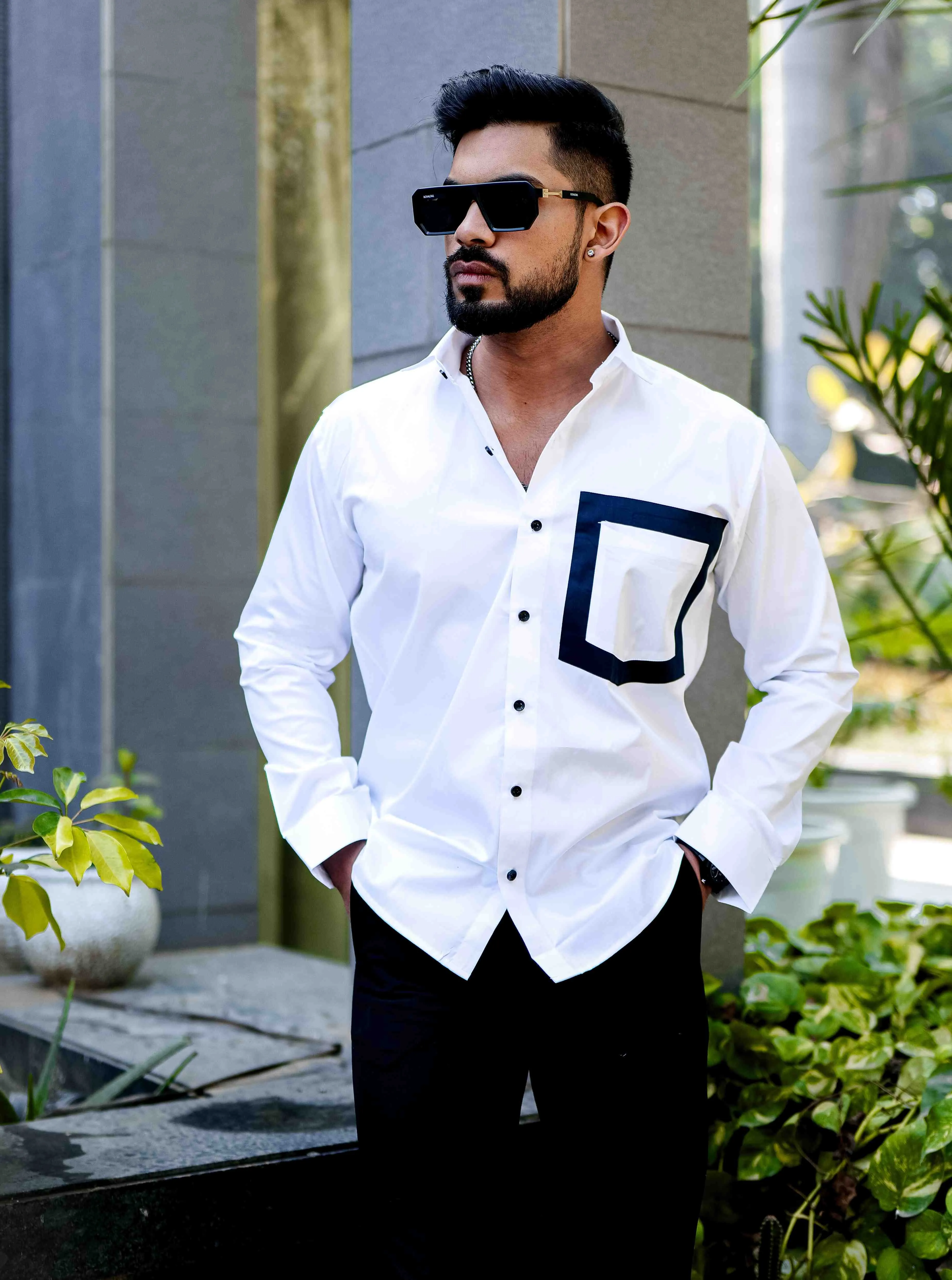 WHITE SATIN COTTON POCKET  DESIGNER SHIRT