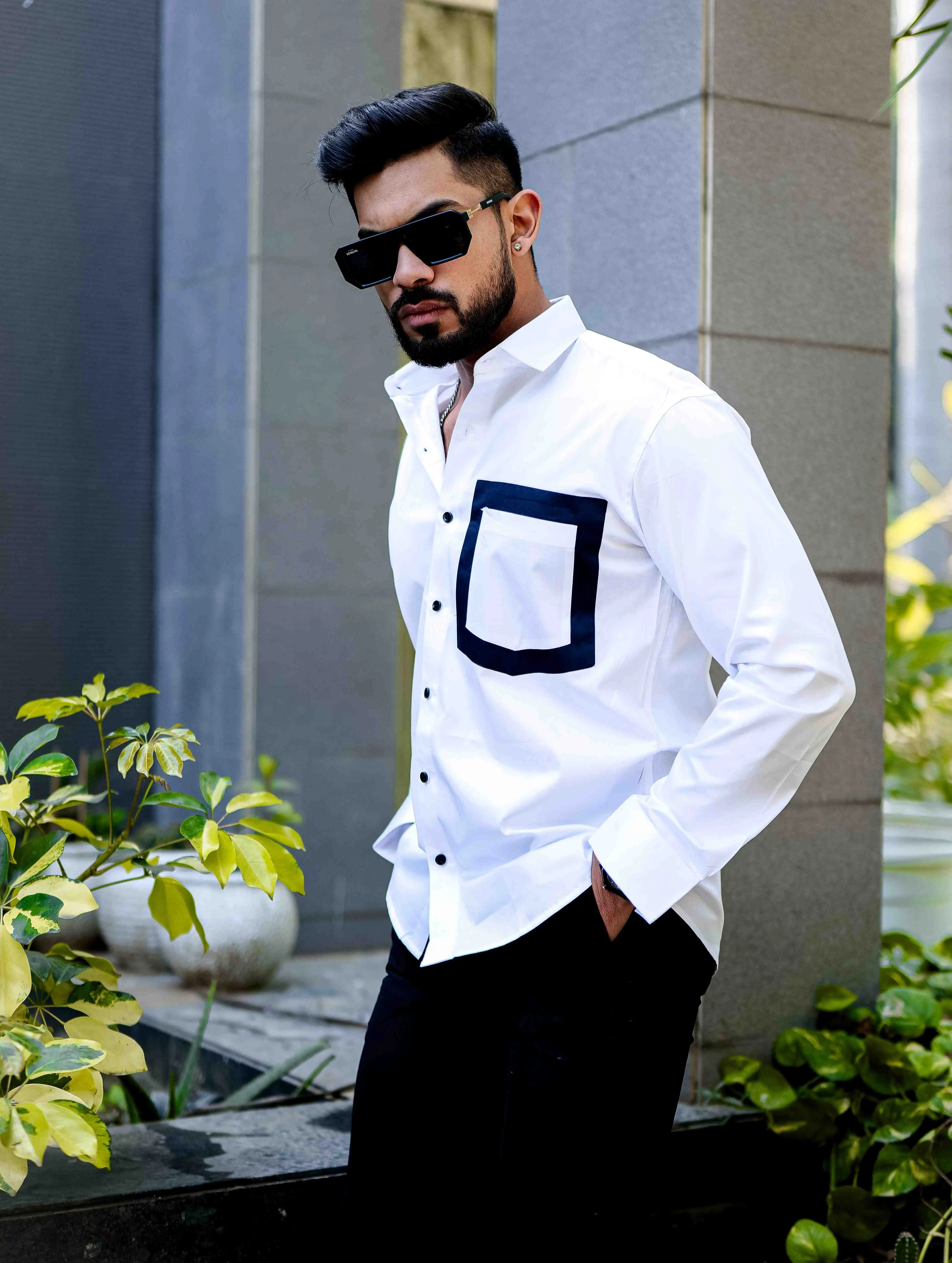 WHITE SATIN COTTON POCKET  DESIGNER SHIRT