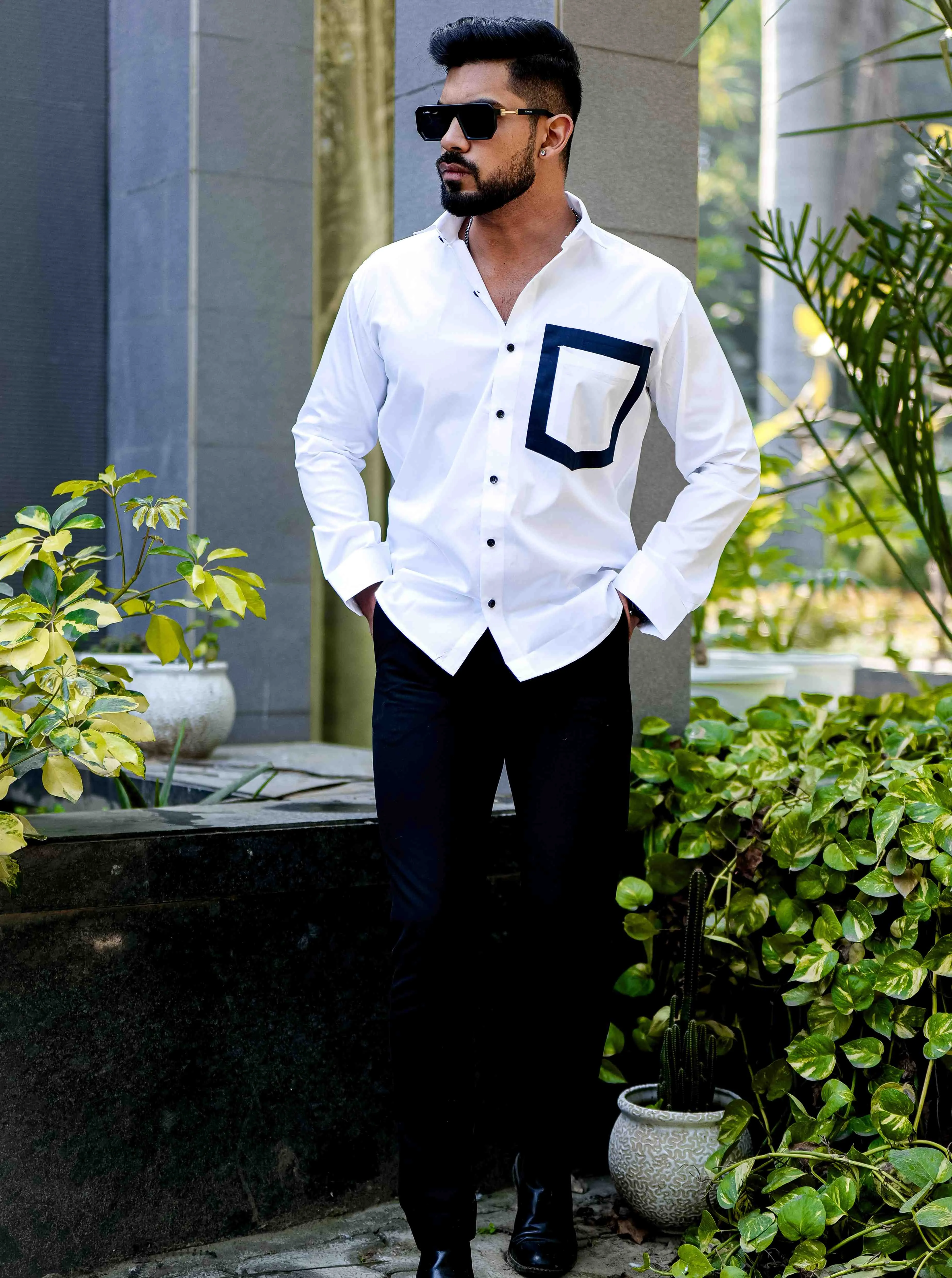 WHITE SATIN COTTON POCKET  DESIGNER SHIRT