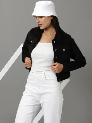 Women Black Corduroy Crop Tailored Jacket