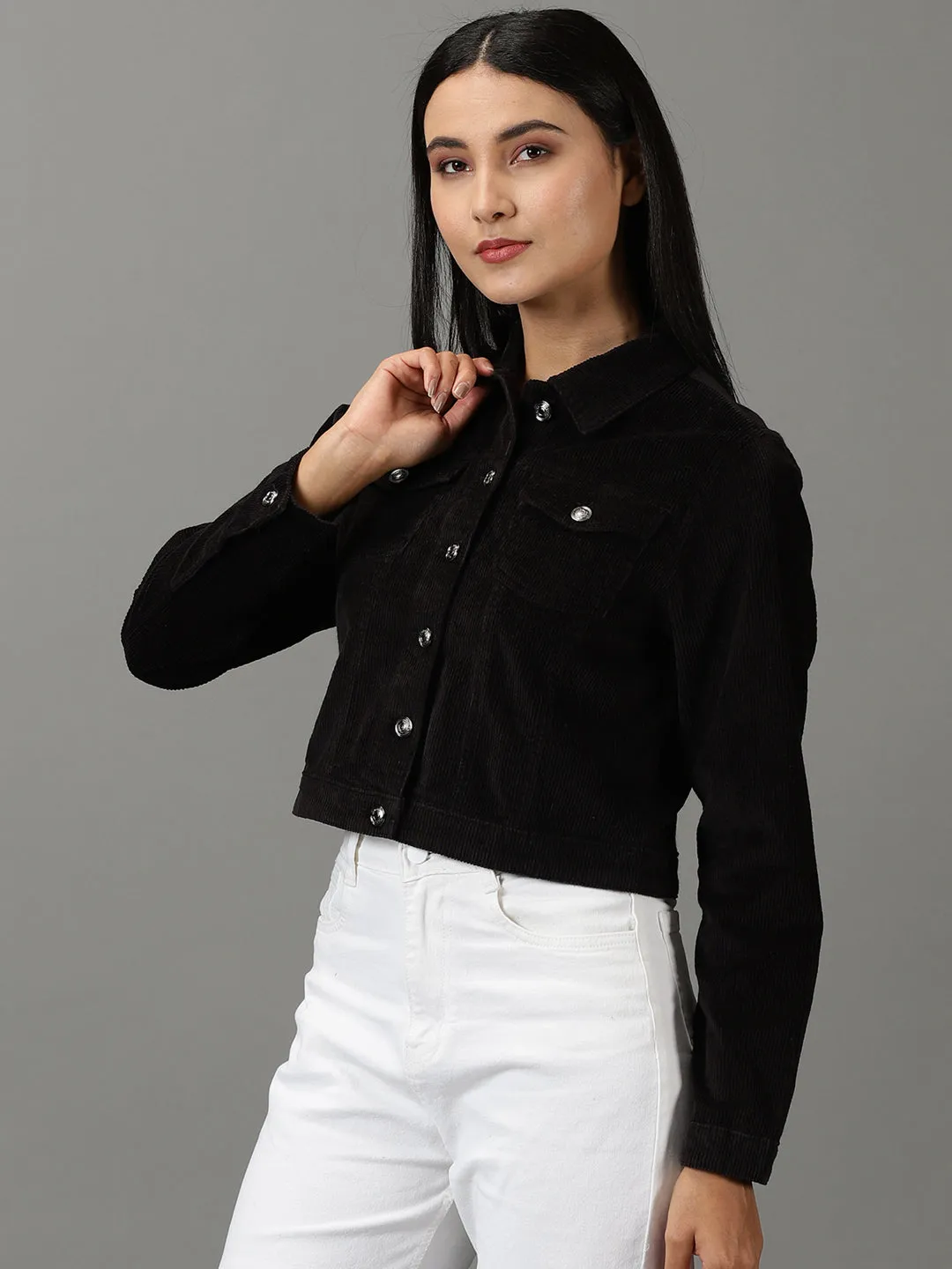 Women Black Corduroy Crop Tailored Jacket
