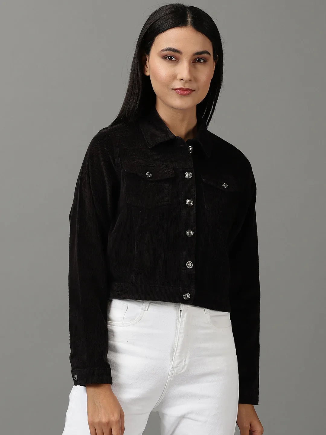 Women Black Corduroy Crop Tailored Jacket