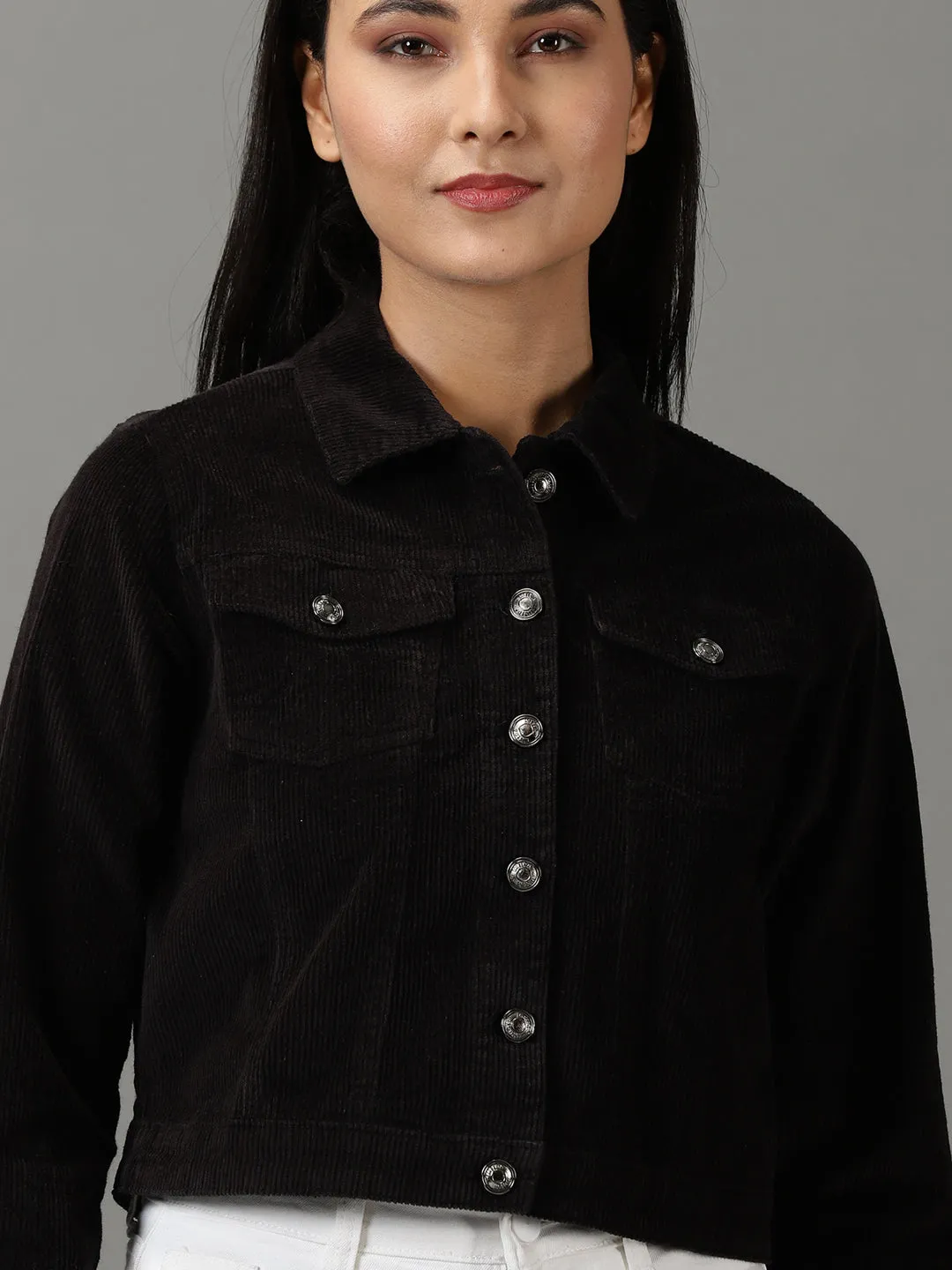 Women Black Corduroy Crop Tailored Jacket