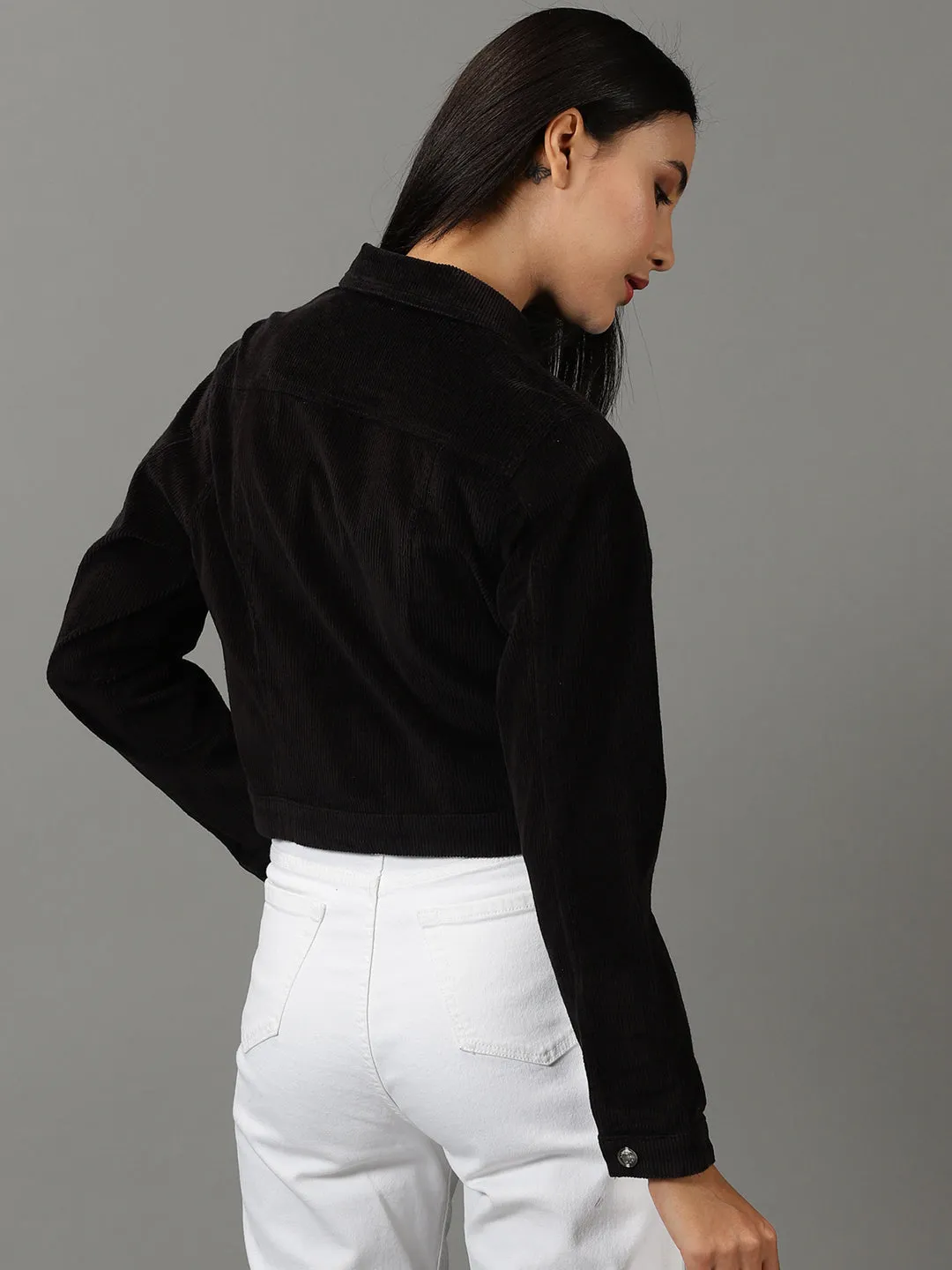 Women Black Corduroy Crop Tailored Jacket