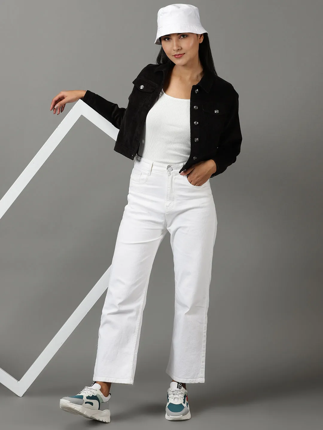 Women Black Corduroy Crop Tailored Jacket