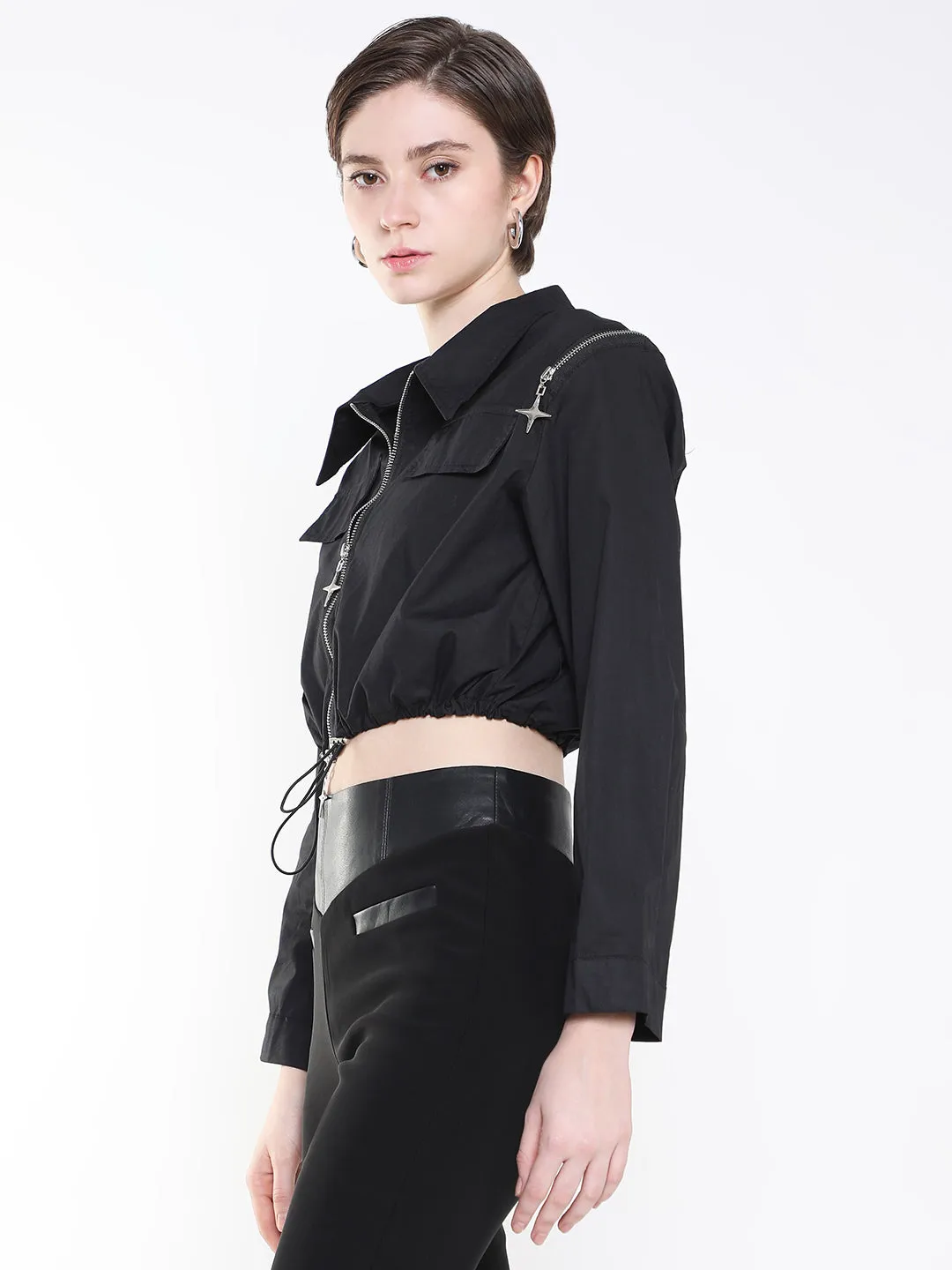 Women Black Windcheater Crop Tailored Jacket