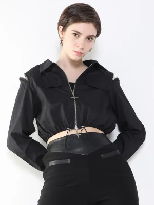 Women Black Windcheater Crop Tailored Jacket